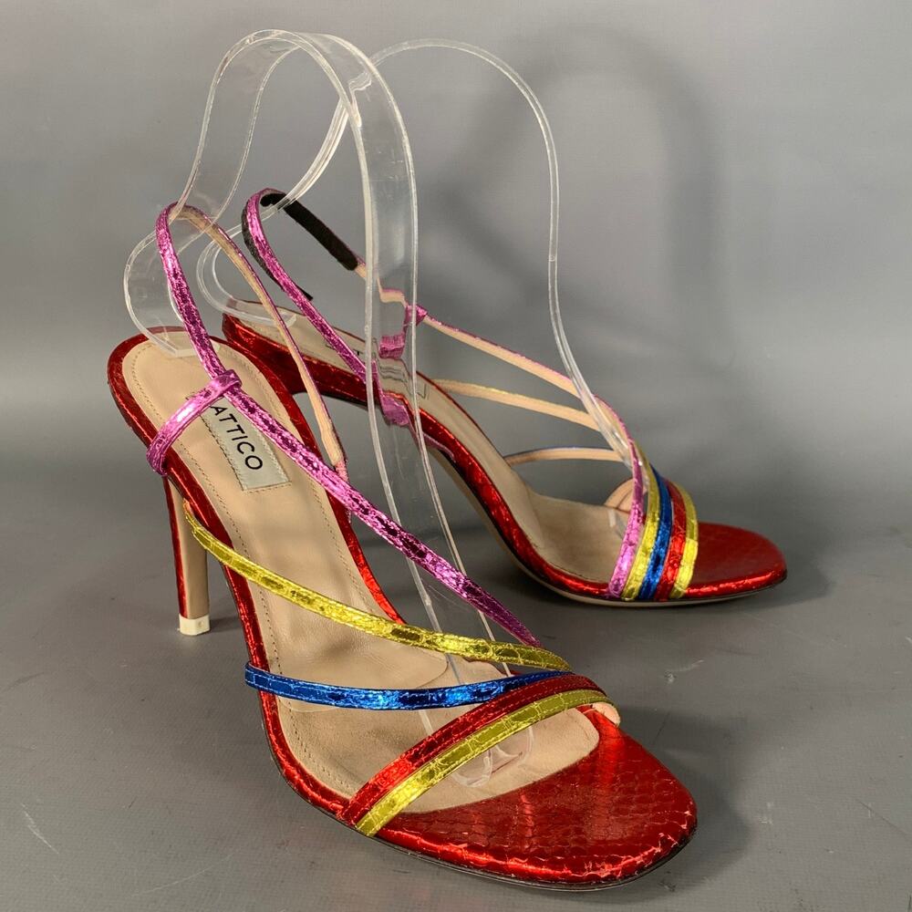 ATTICO Size 7 Red Multi Color Leather Snake Embossed Strappy Sandals